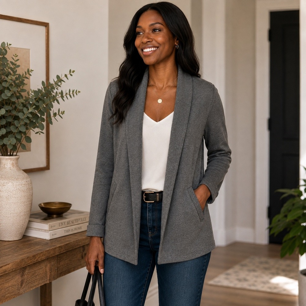Jockey Womens Medium Gray Open Front Knit Blazer Cardigan Stretch Pockets